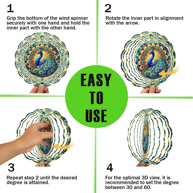 PUCPAM Peacock Wind Spinner, 3D Hanging Stainless Steel Garden Spinner, Wind Spinner Hanging for Outdoor & Indoor Décor, Unique Gifts for Yard Garden Decoration or Patio Décor (Peacock) - Image 3